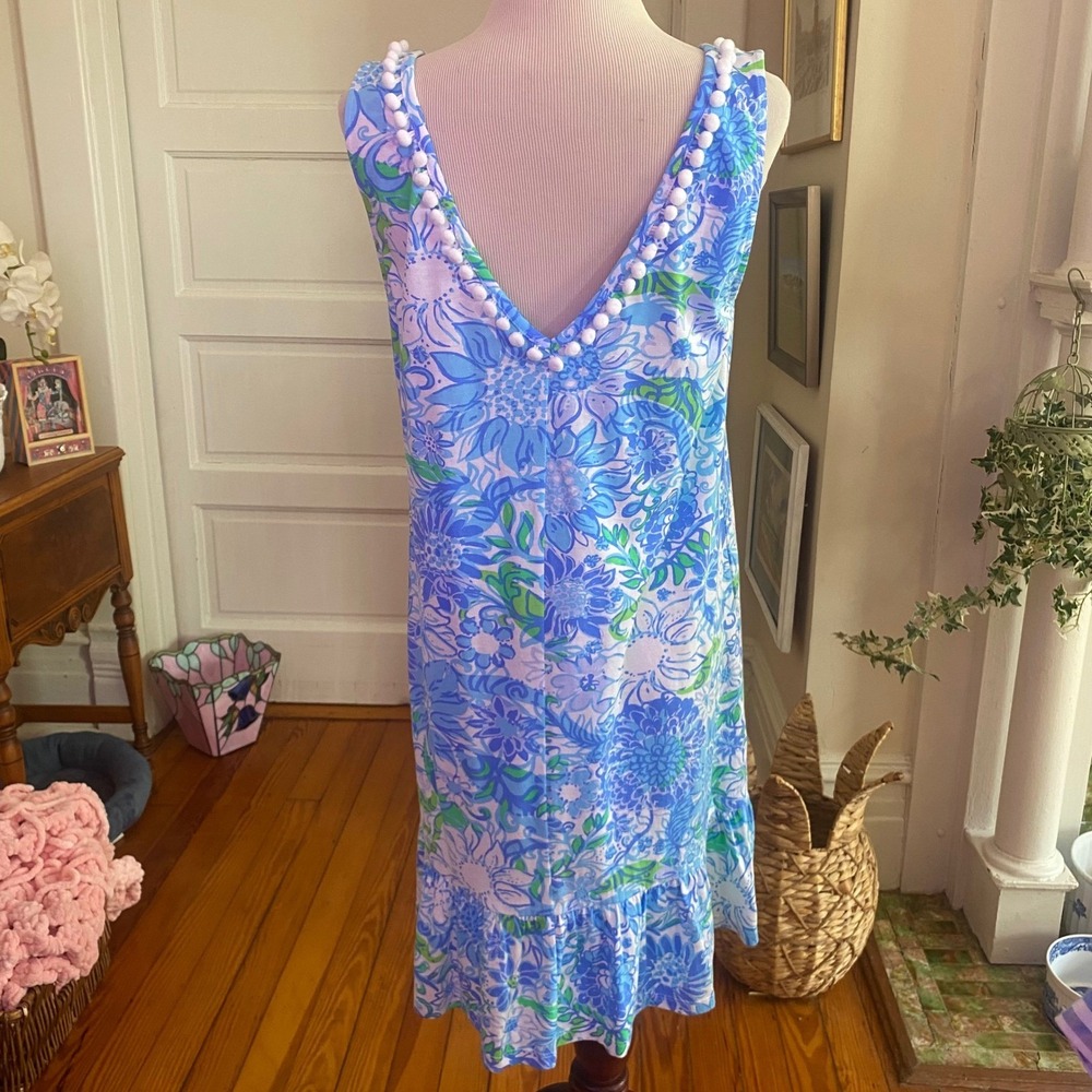 Lilly Pulitzer Blue Green Floral Pom Pom V-Neck Ruffle Hem Shift Dress Medium - Picture 7 of 9